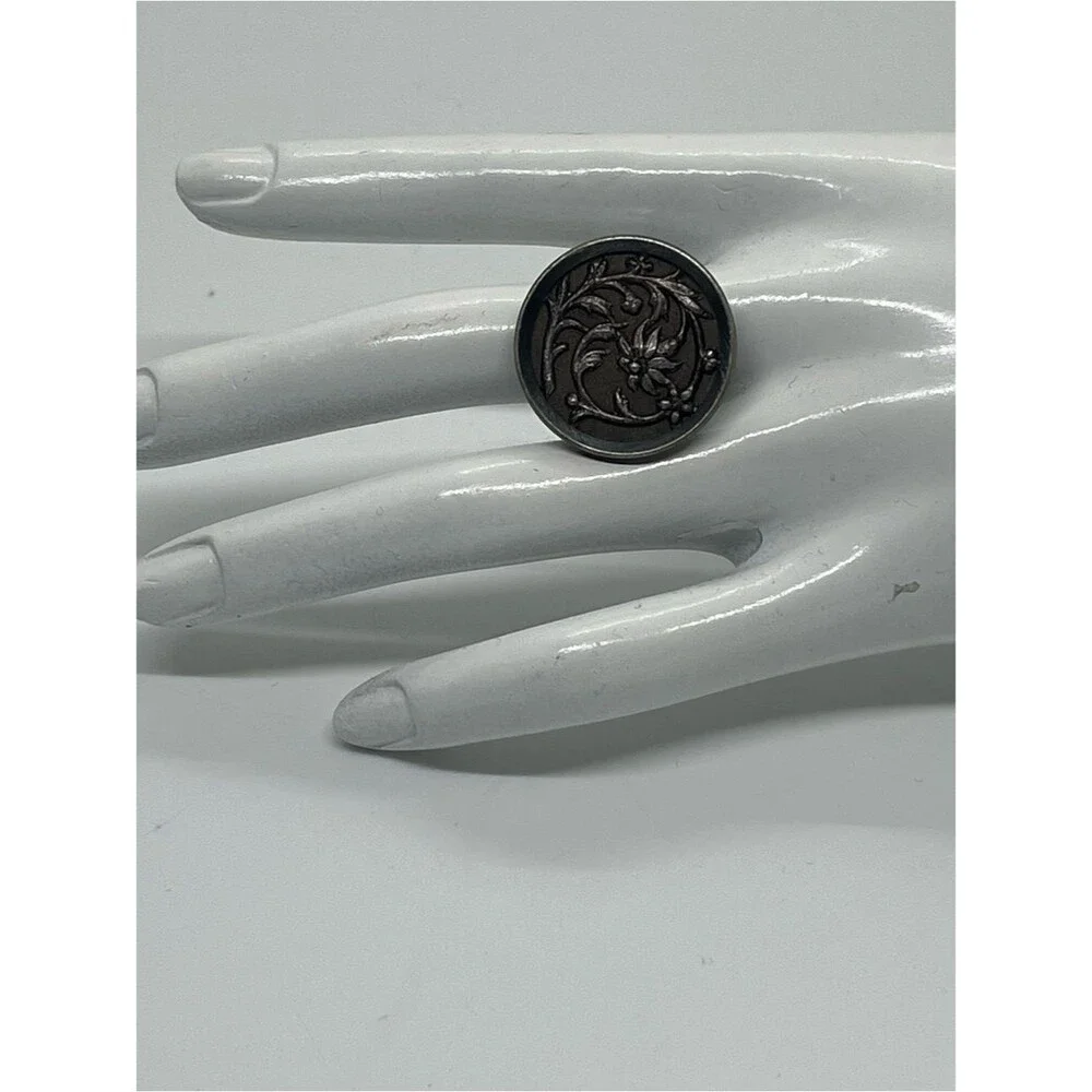 Hand Crafted Antique Metal Silver Floral Button Adjustable Ring NWT OS